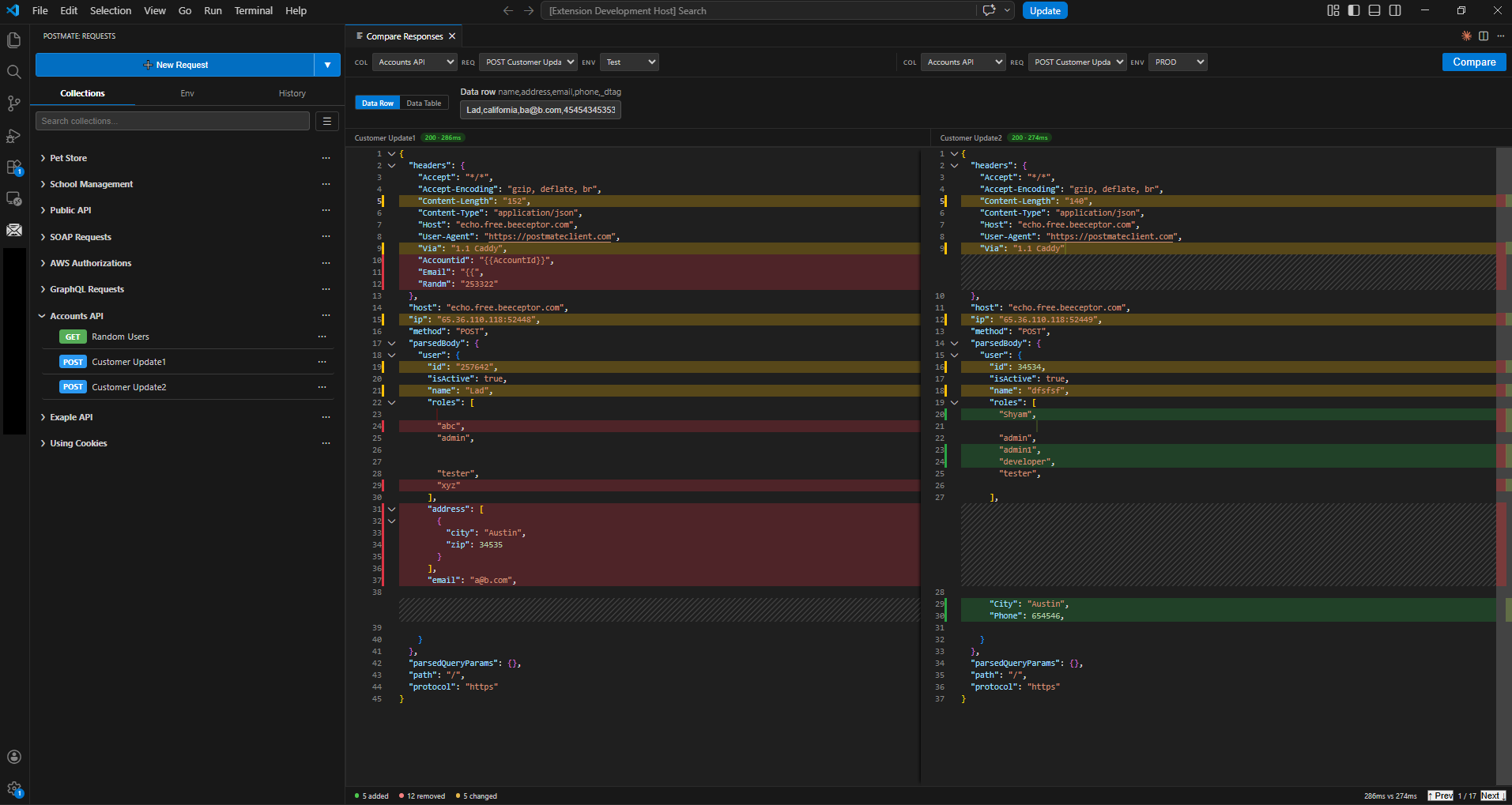 Postmate Client comparing two API responses side-by-side with diff highlights — Postman alternative for VS Code