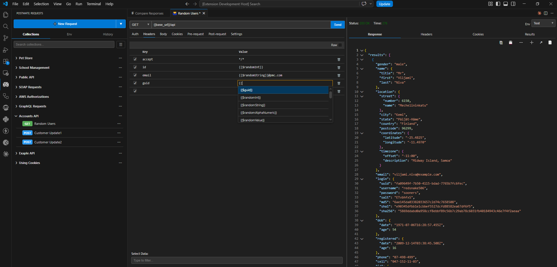 Postmate Client UI — privacy-first Postman alternative running inside VS Code with request builder, response panel, and data tables